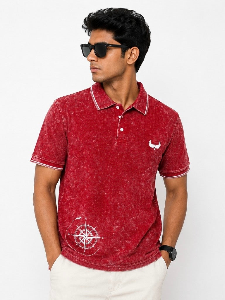 Avenster Explorer Polo – Crimson Red Acid Wash