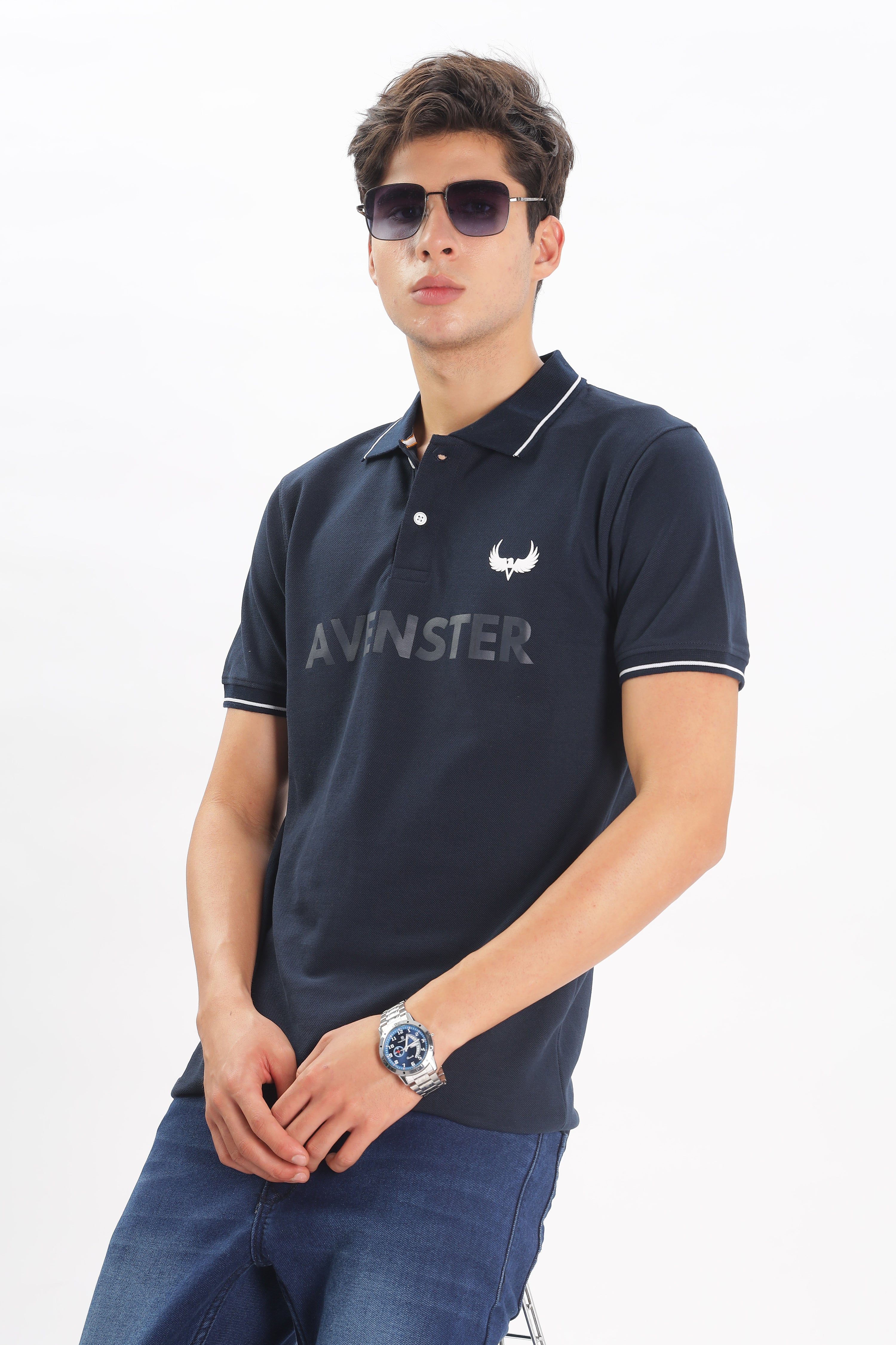 Avenster Men's Navy Blue Cotton Polo Shirt