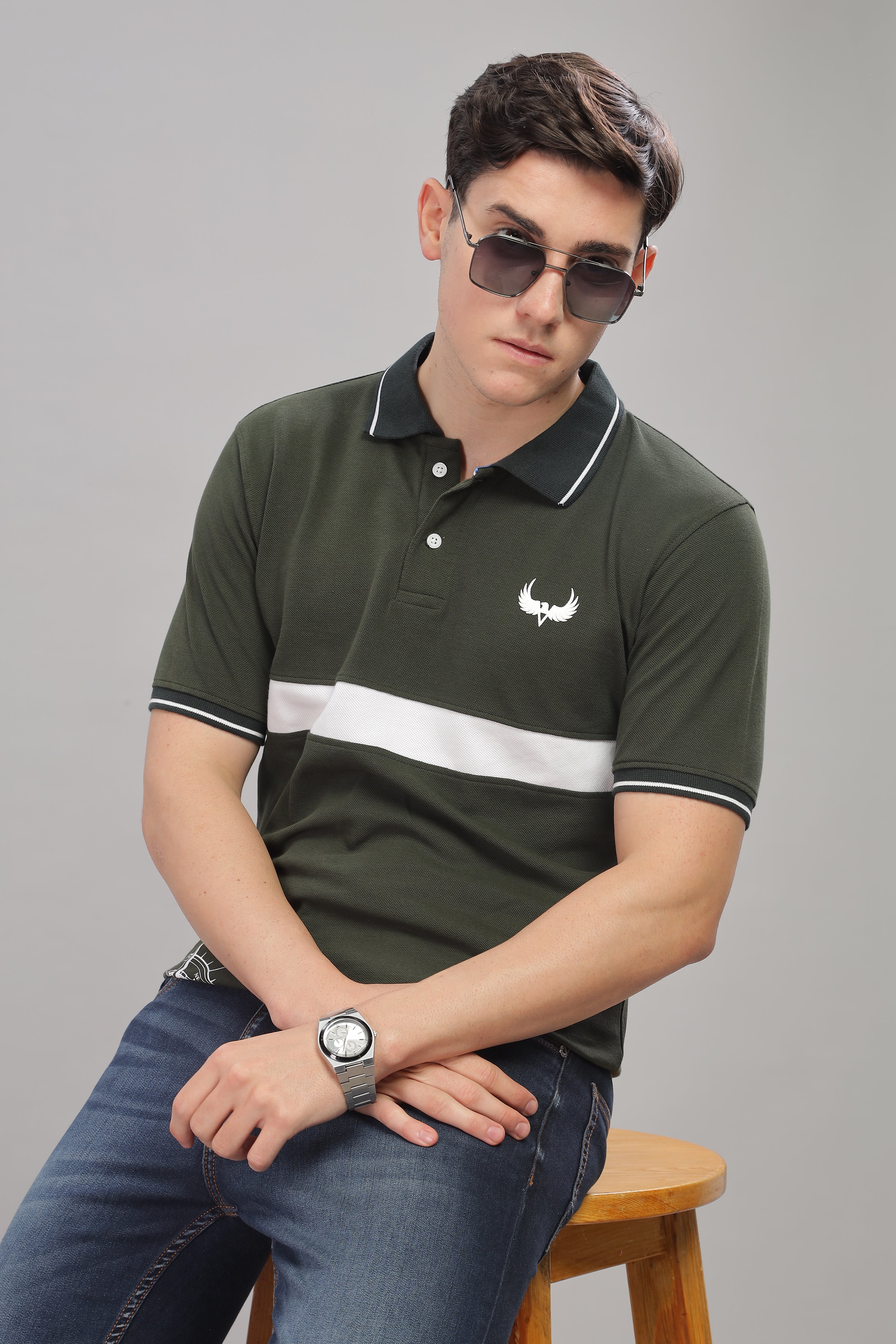 Avenster Men's Olive Green  Cotton Polo Shirt with White Chest Patch