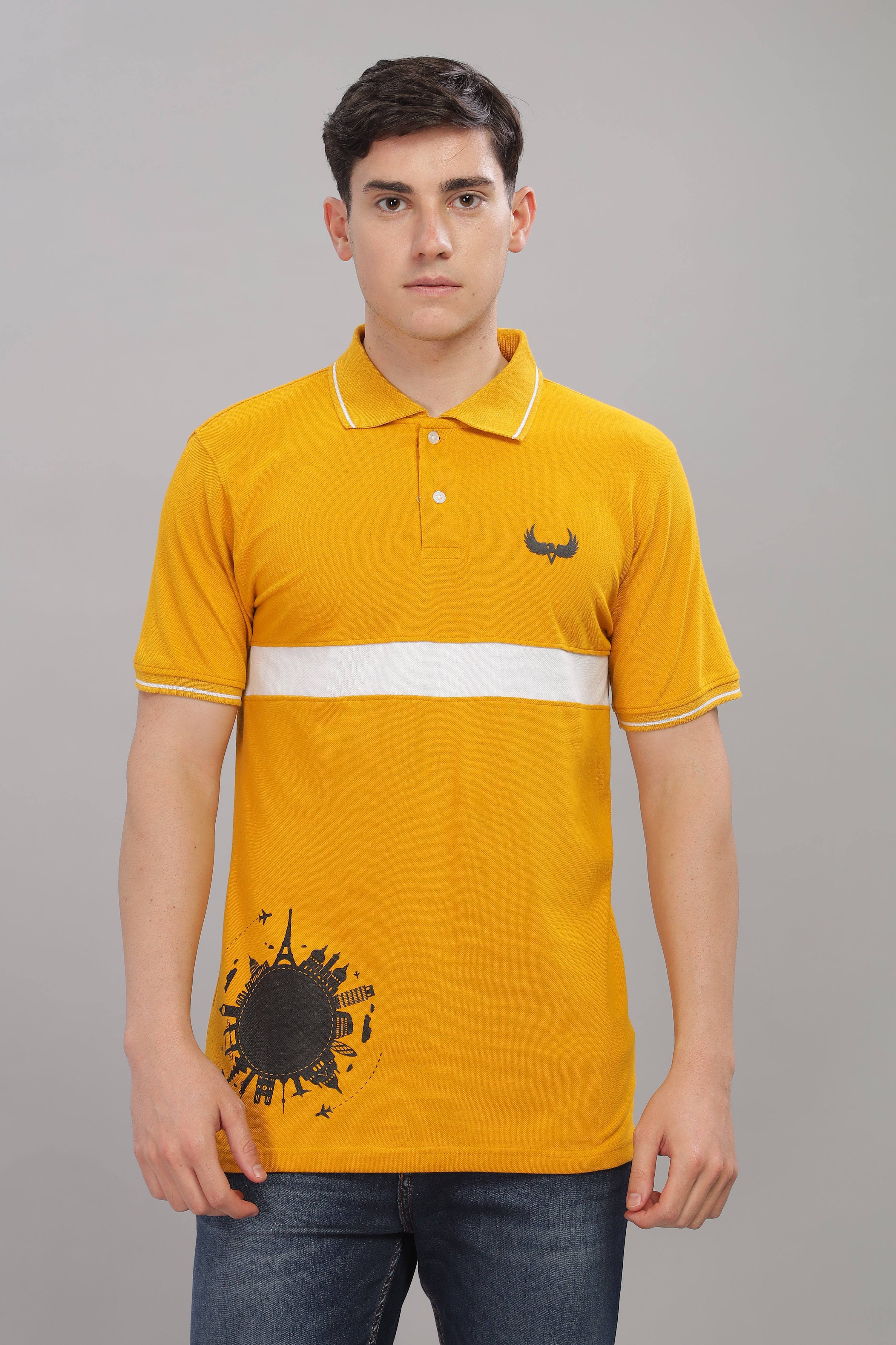 Avenster Men's Mustard Yellow  Cotton Polo Shirt with White Chest Patch