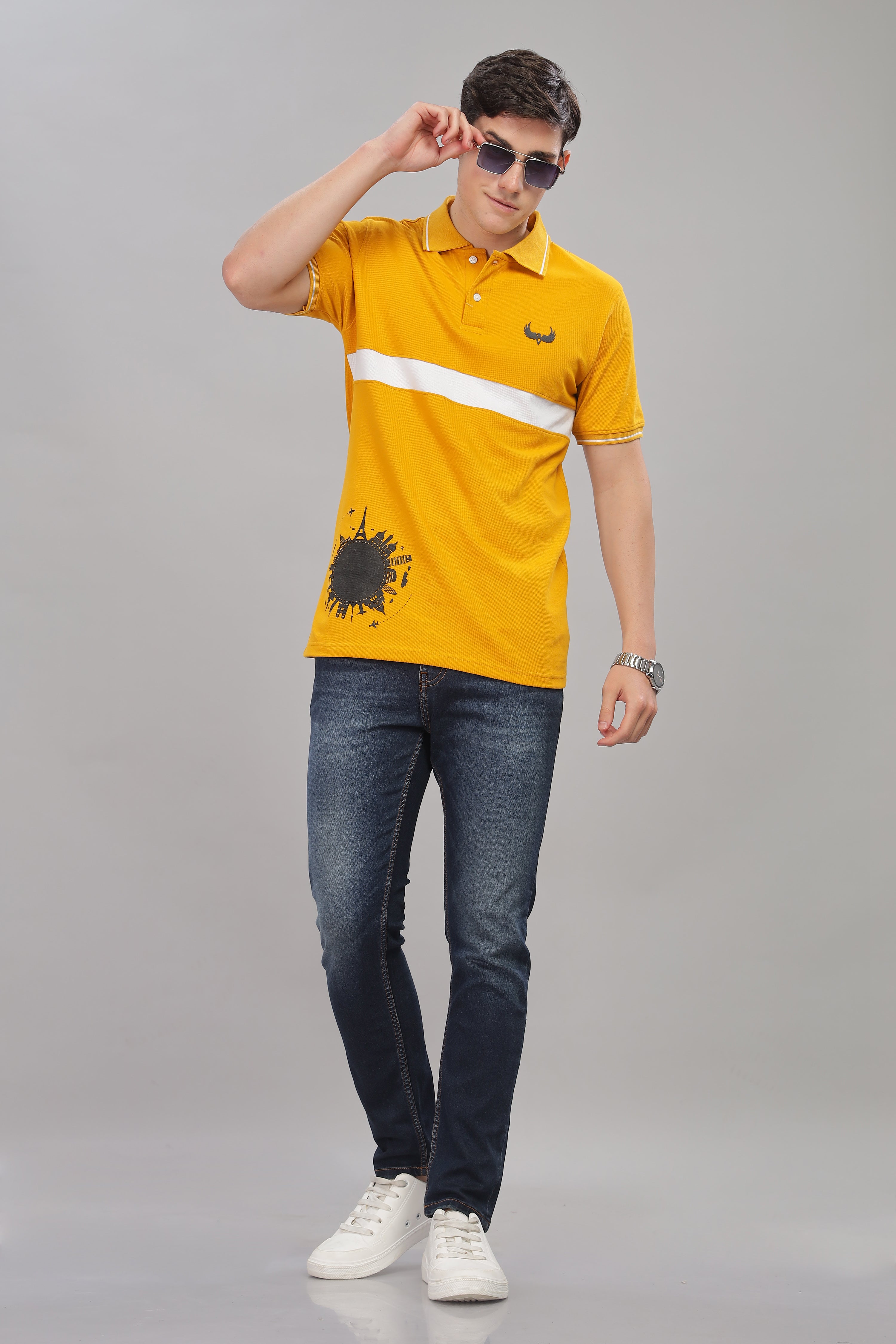Avenster Men's Mustard Yellow  Cotton Polo Shirt with White Chest Patch