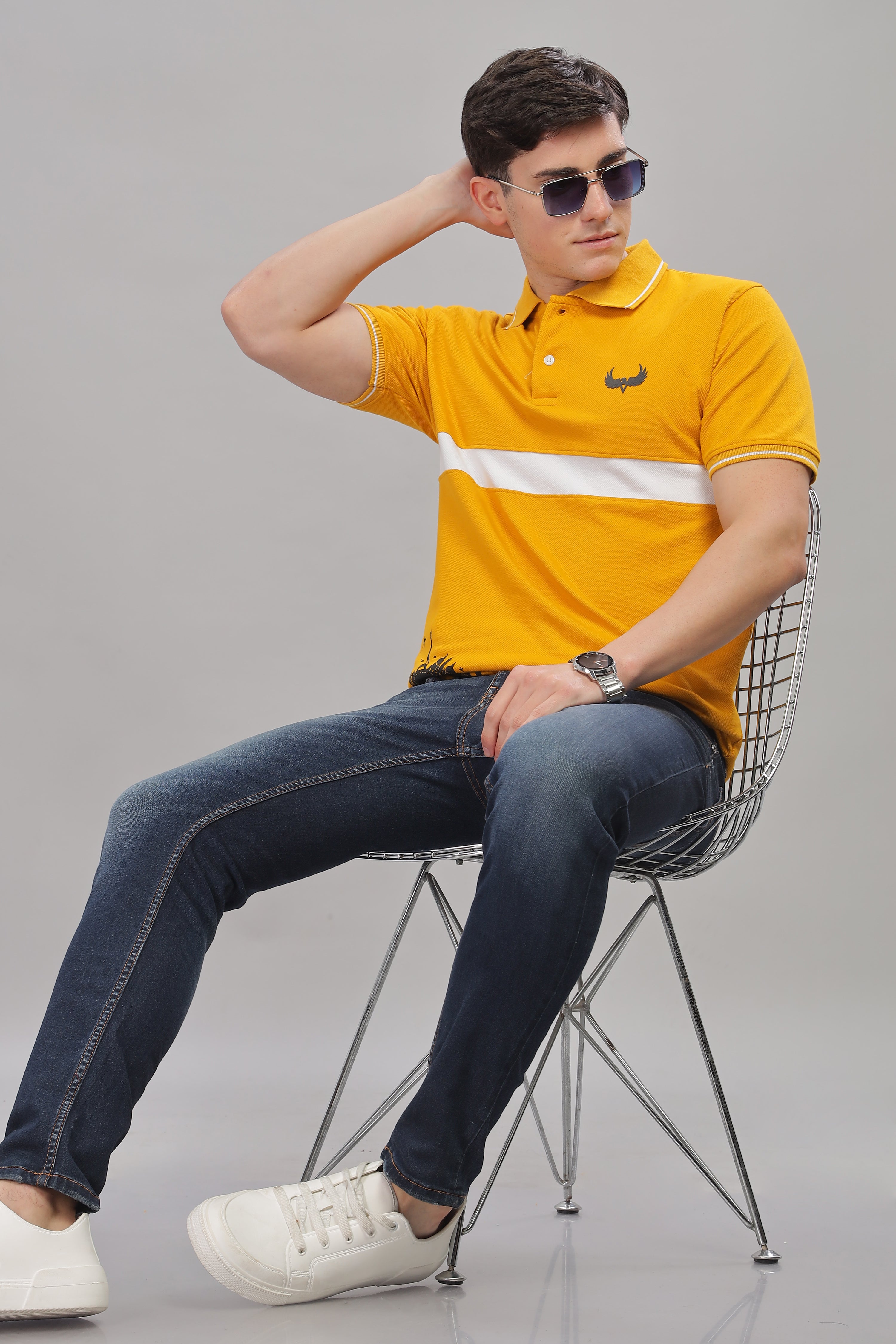 Avenster Men's Mustard Yellow  Cotton Polo Shirt with White Chest Patch