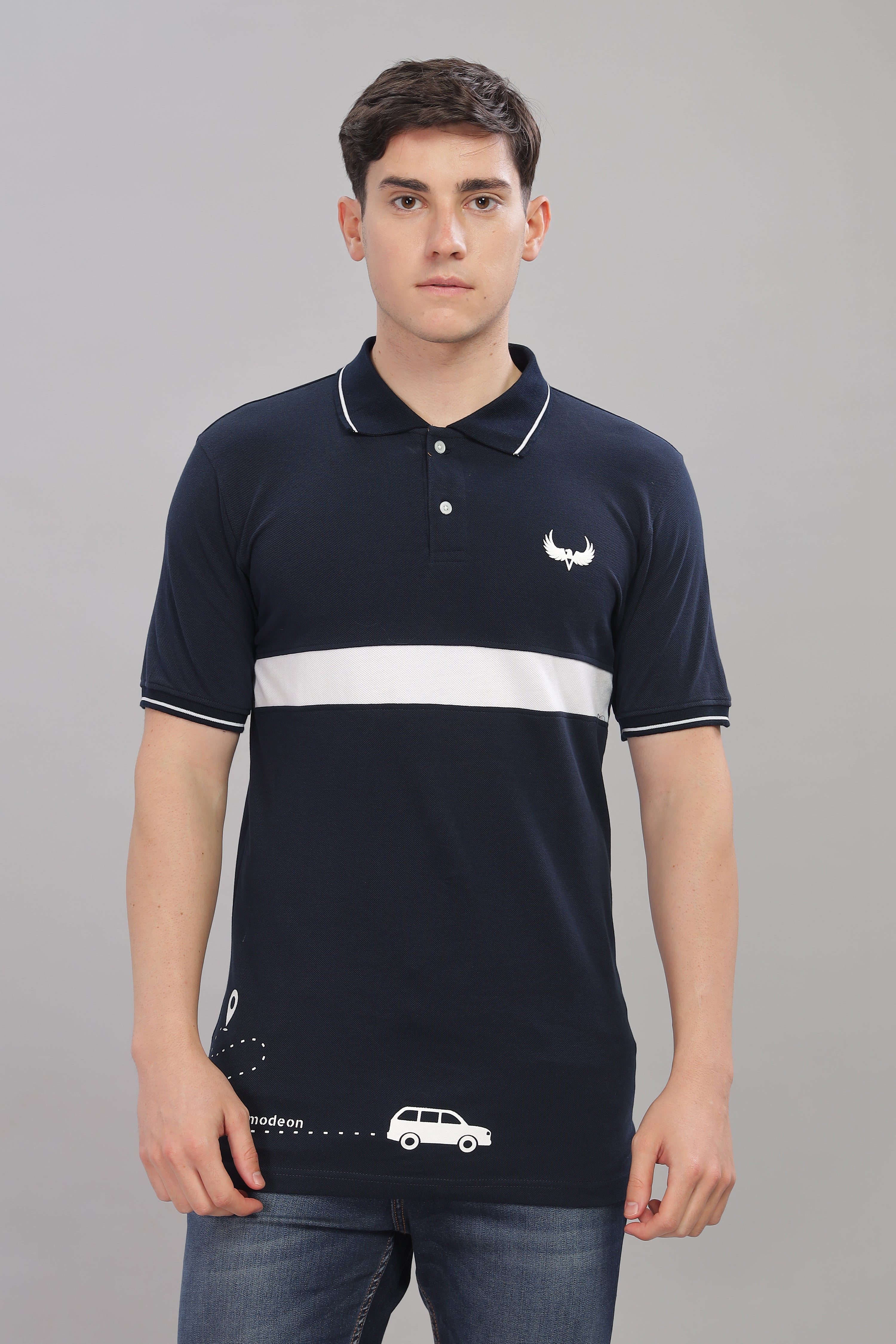 Avenster Men's Navy Blue Cotton Polo Shirt with White Chest Patch