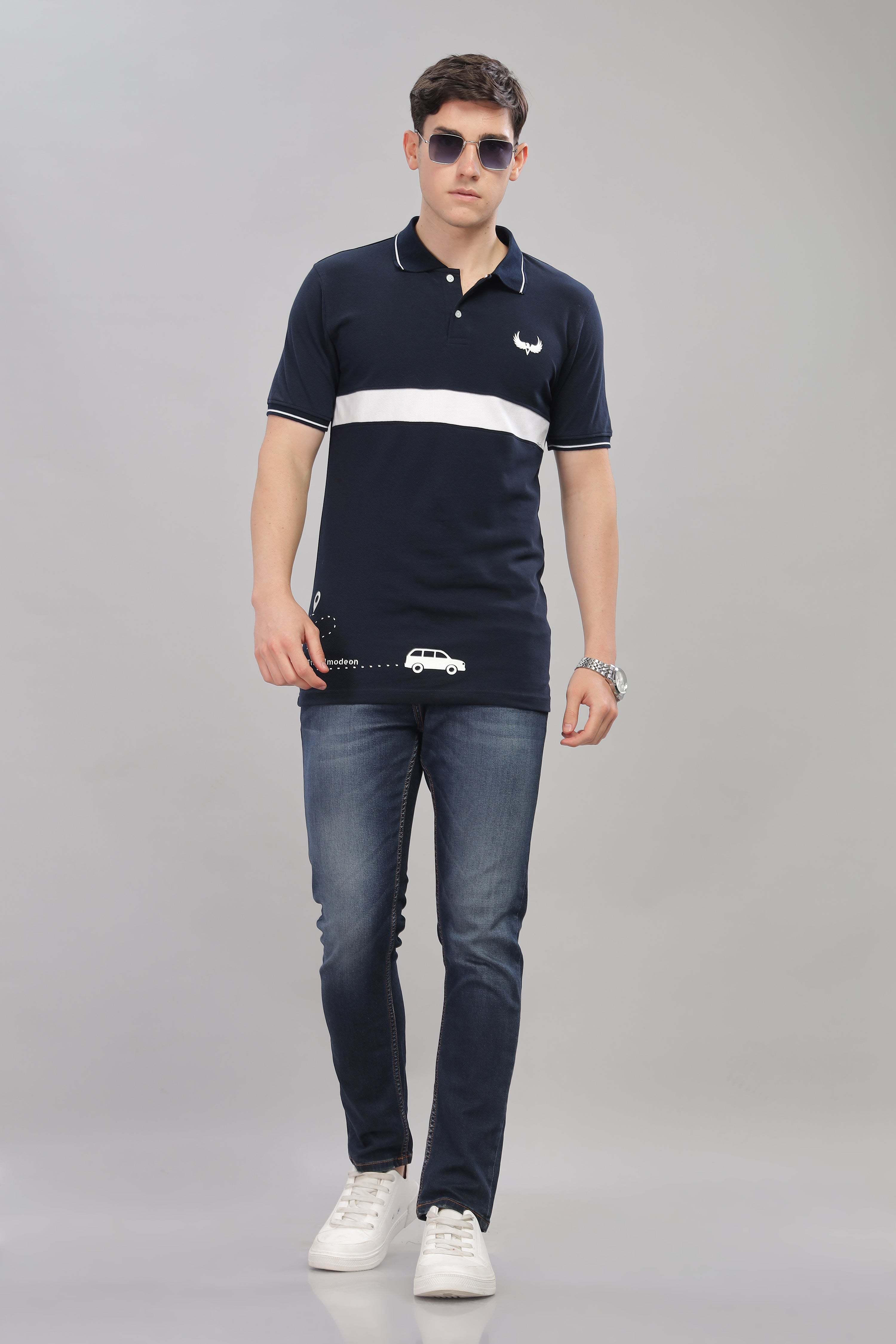 Avenster Men's Navy Blue Cotton Polo Shirt with White Chest Patch