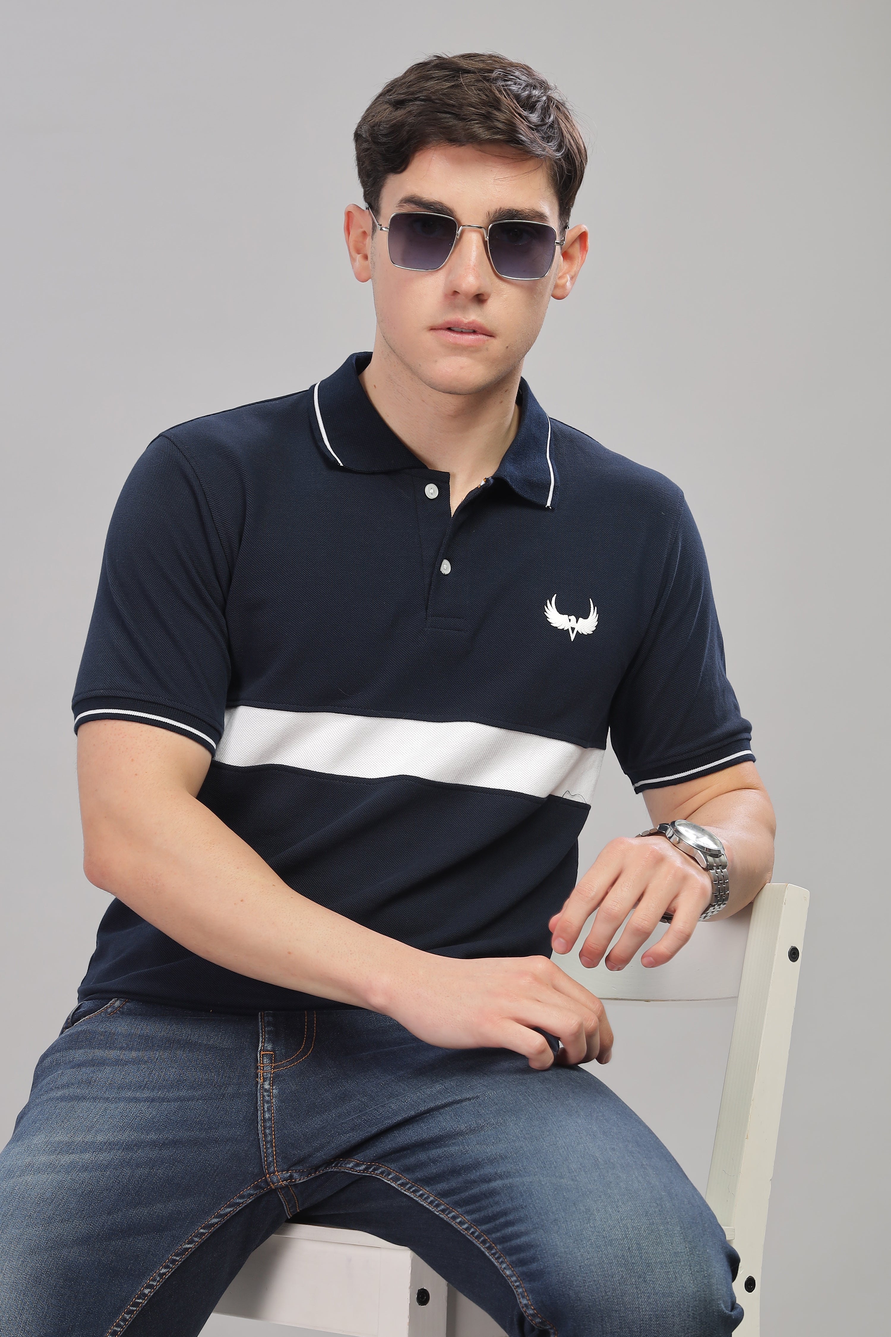 Avenster Men's Navy Blue Cotton Polo Shirt with White Chest Patch