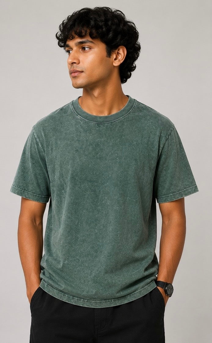 Vintage Sage Green Acid Wash Oversized T-Shirt – 240 GSM | Premium Cotton
