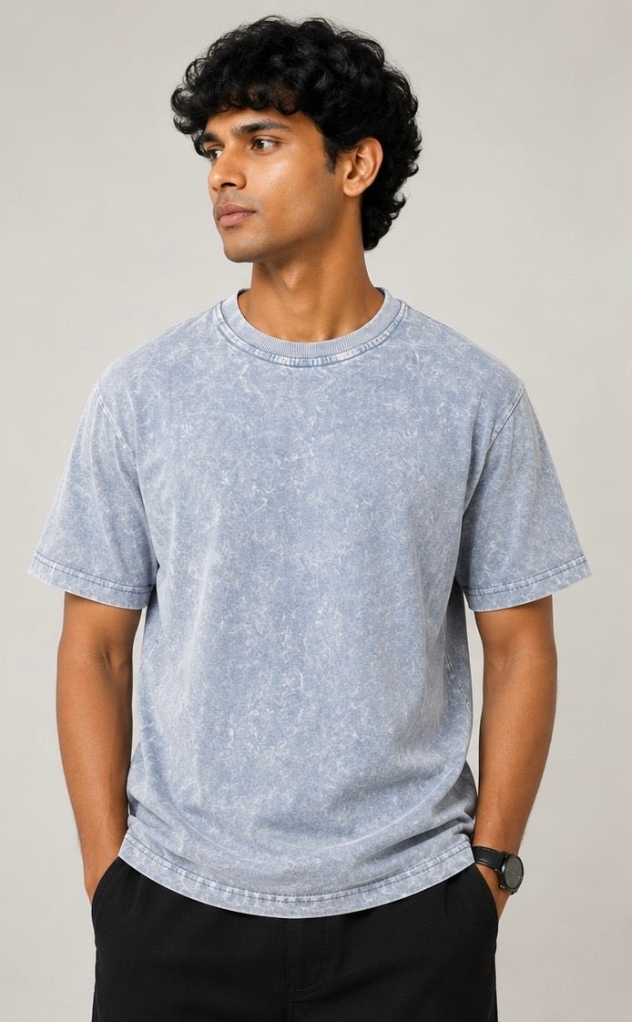 Ice Blue Vintage Acid Wash Oversized T-Shirt – 240 GSM Premium Cotton