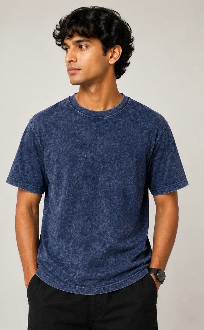 Vintage Navy Blue Acid Wash Oversized T-Shirt – 240 GSM Premium Cotton