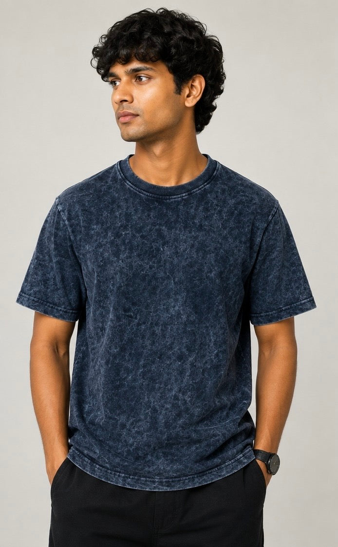 Midnight Navy Acid Wash Oversized T-Shirt – 240 GSM Premium Cotton