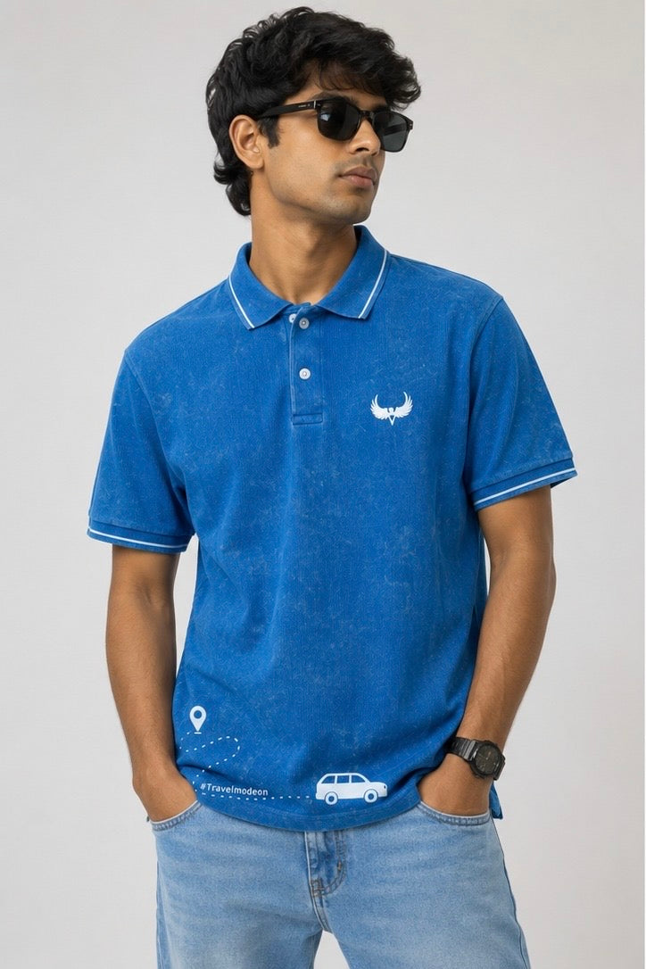 Avenster Voyage Polo – Ocean Blue Acid Wash