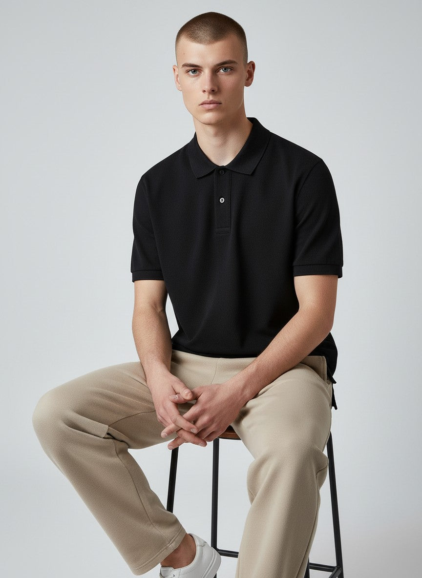 Black Solid Premium Cotton Polo T-Shirt – 220 GSM | Classic Fit