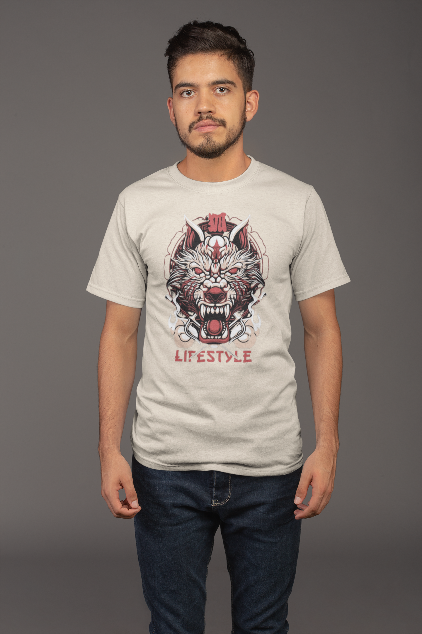 Avenster Beige T-shirt with Dragon Print