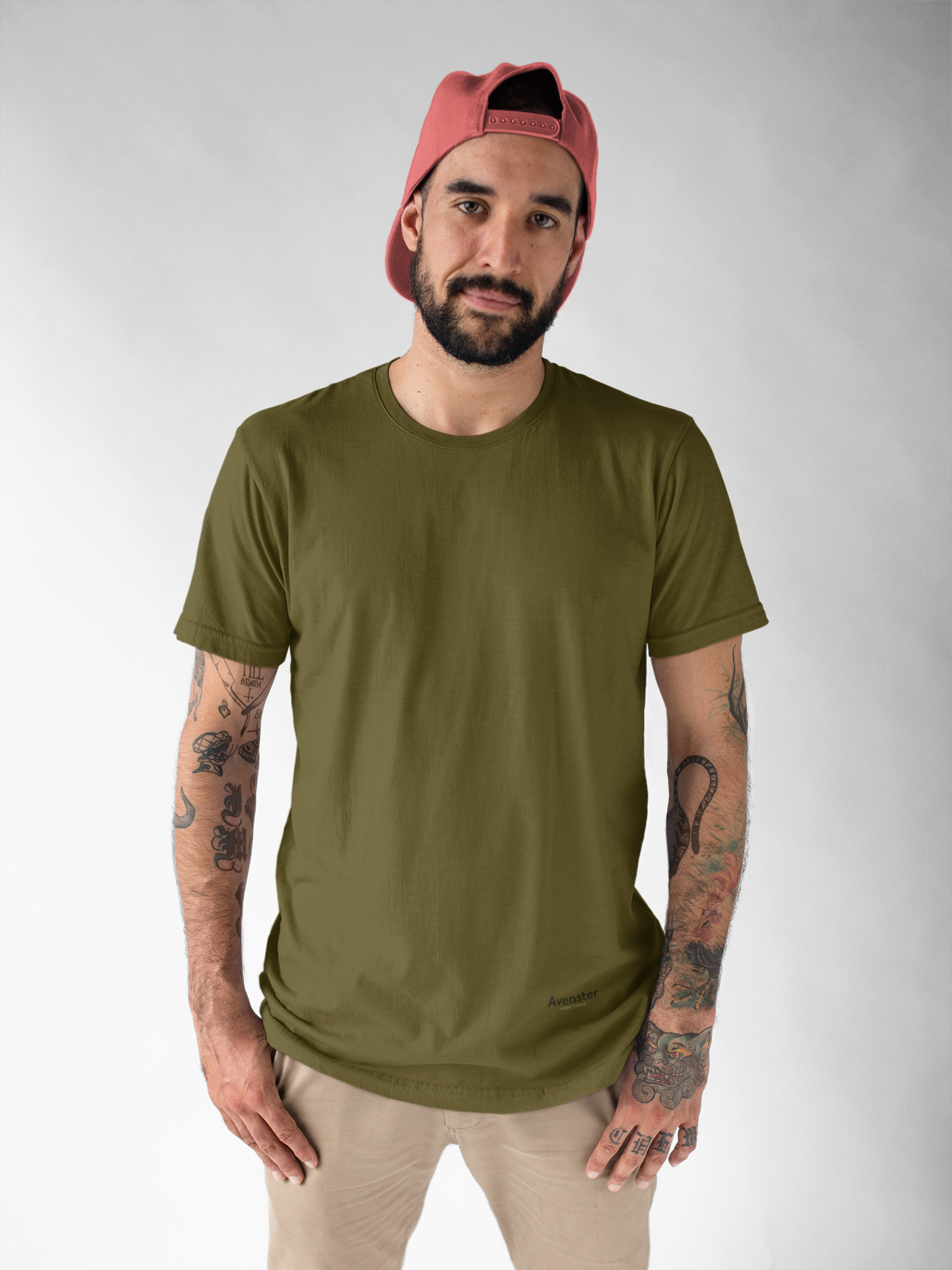 Avenster Olive Green Unisex Solid Cotton Crew Neck T-shirt (No Print or Logo)