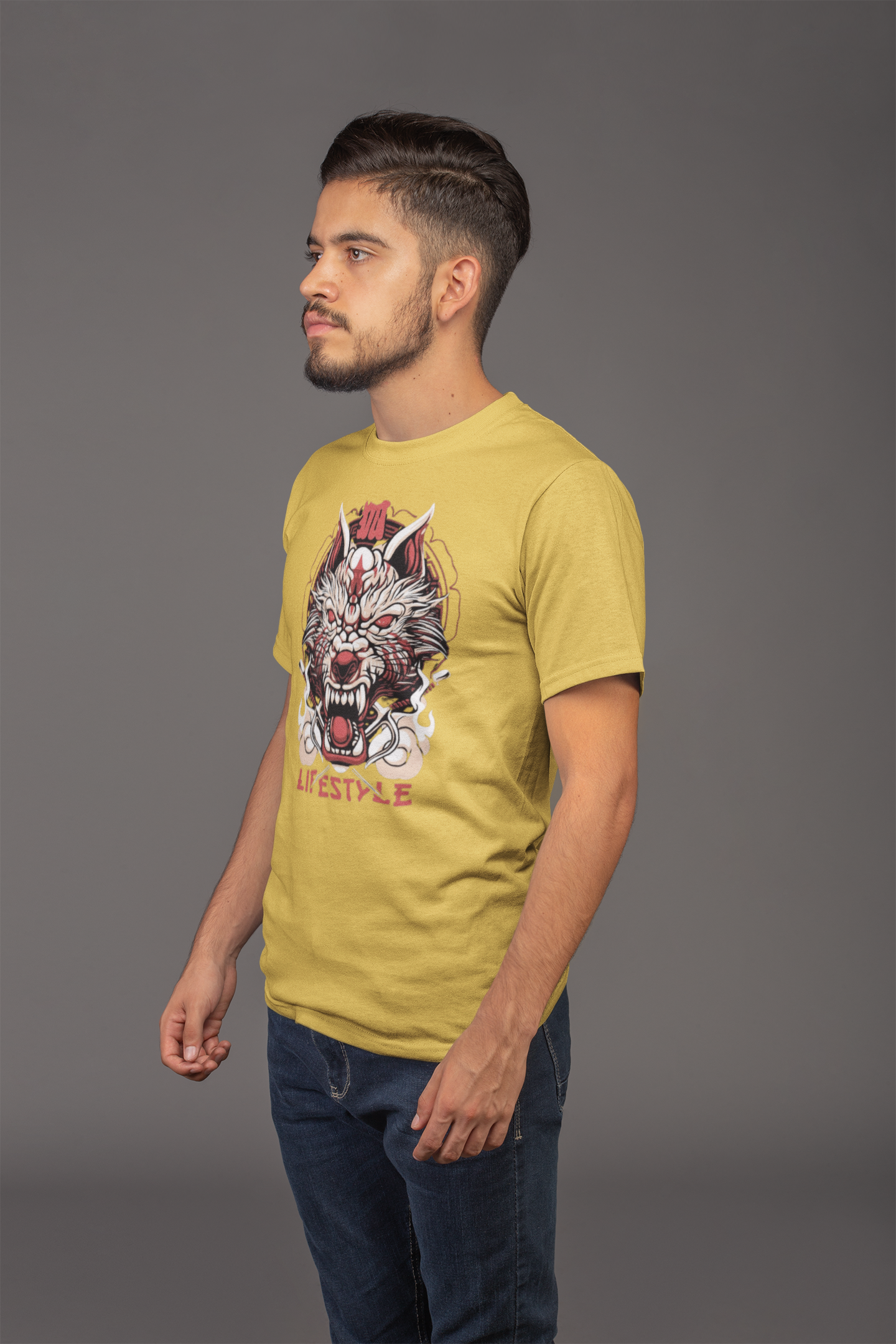 Avenster Mustard Yellow T-shirt with Dragon Print