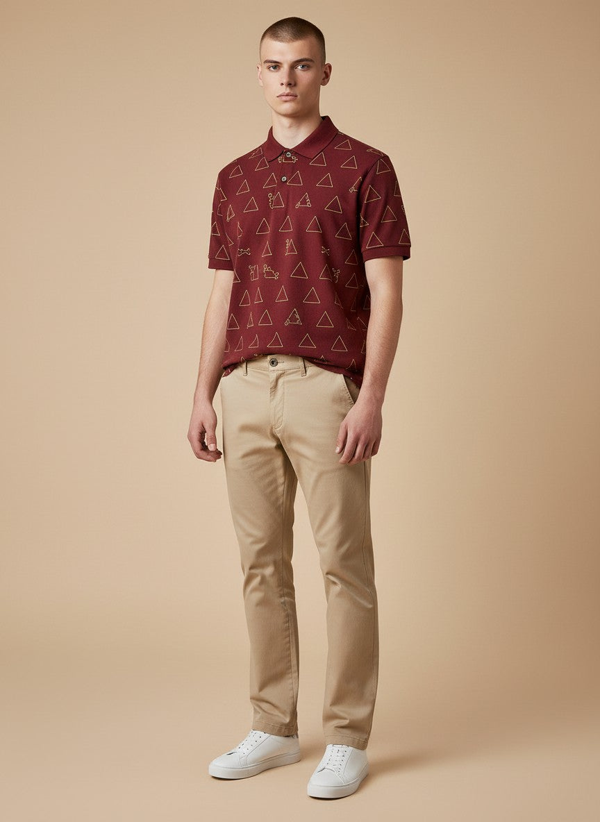Burgundy Geometry AOP Polo(SET OF 4)