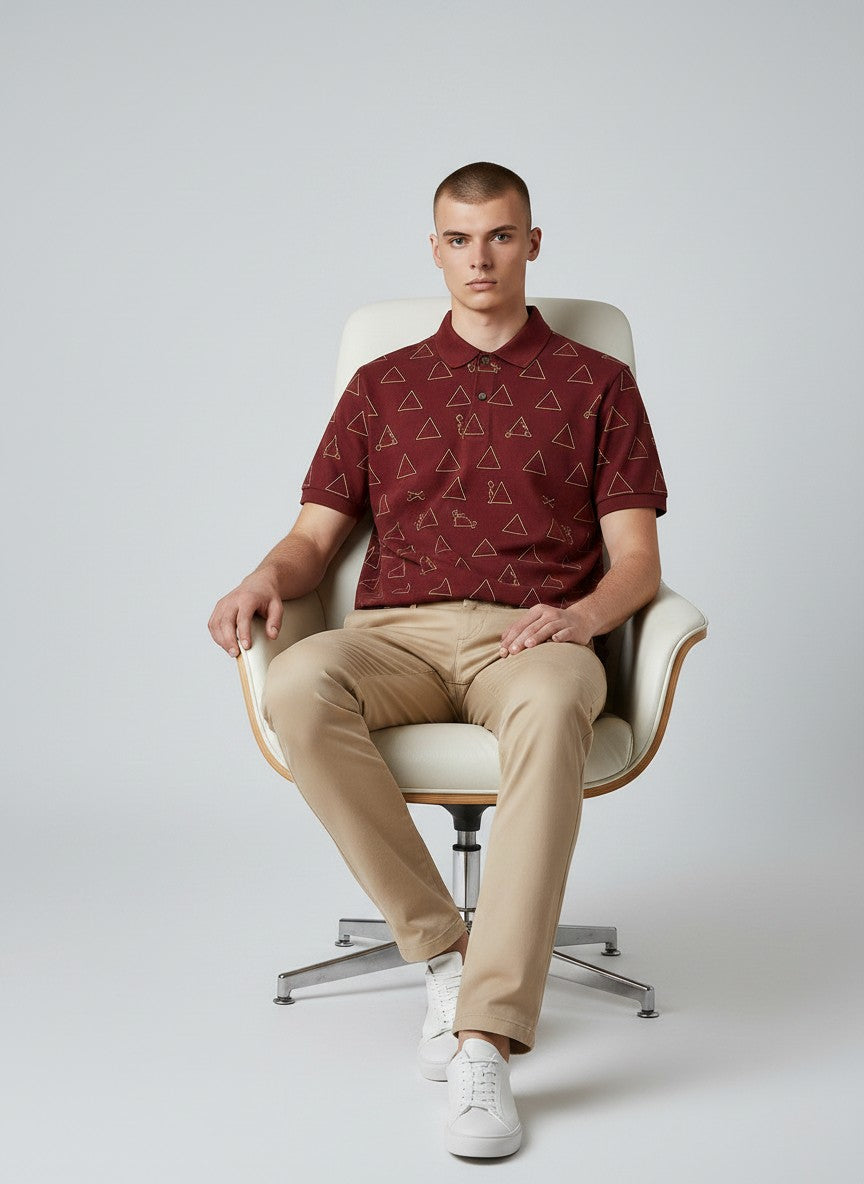 Burgundy Geometry AOP Polo(SET OF 4)
