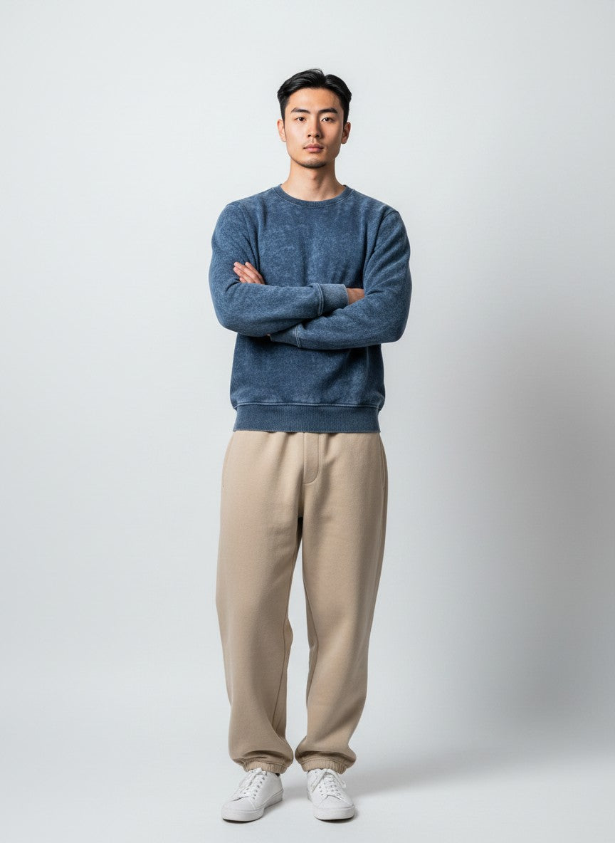 Midnight Blue Acid-Wash Essential – 320 GSM Cotton Sweatshirt