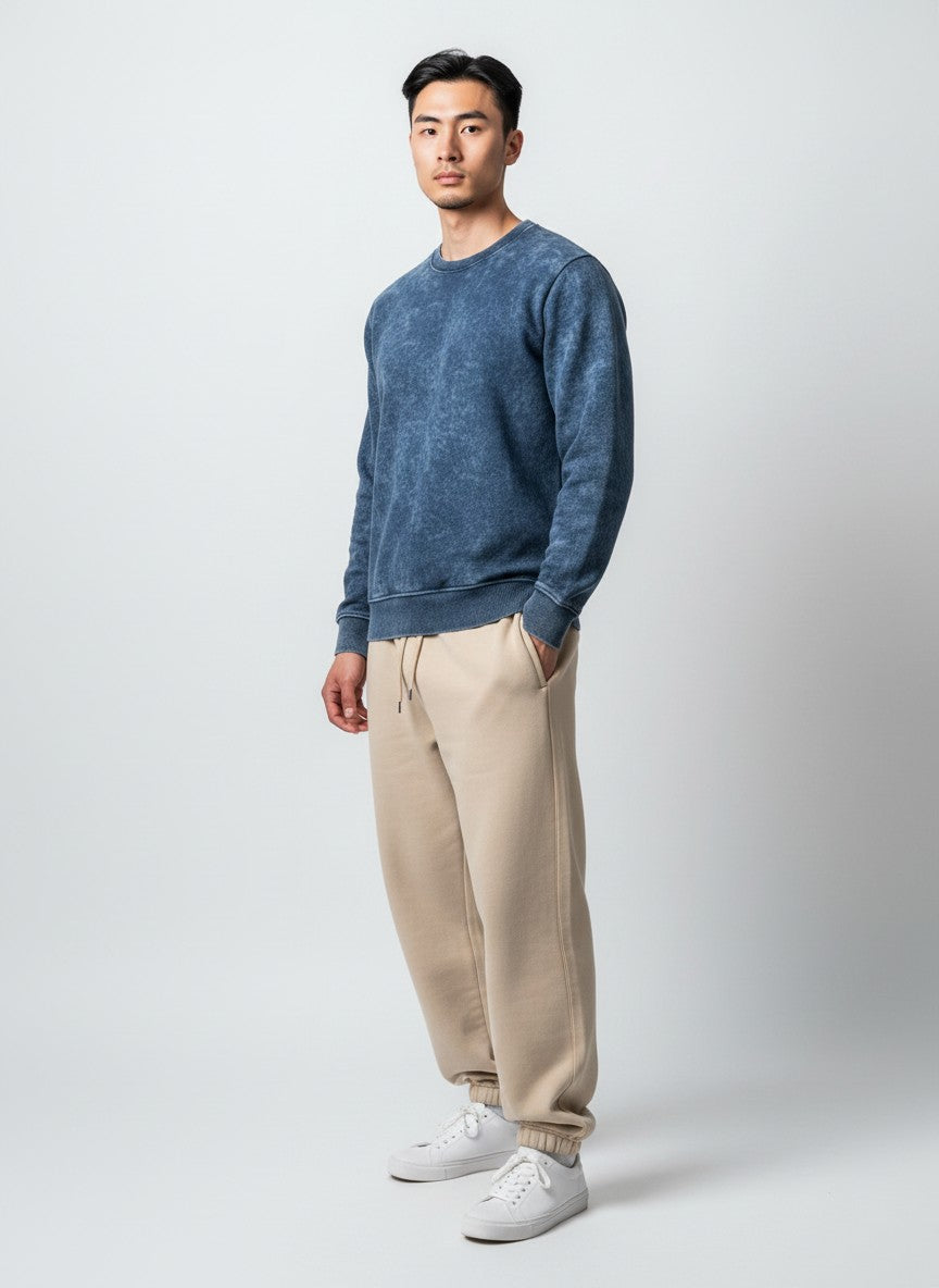 Midnight Blue Acid-Wash Essential – 320 GSM Cotton Sweatshirt