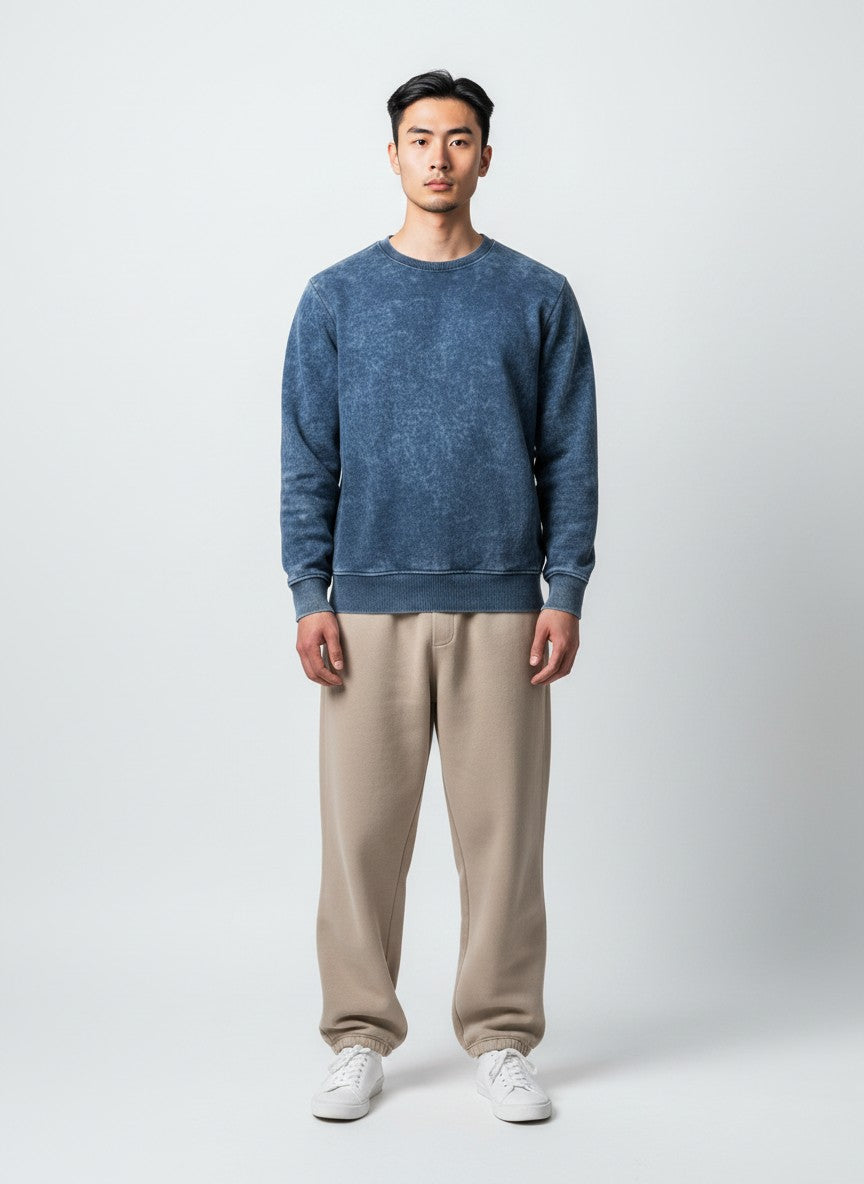 Midnight Blue Acid-Wash Essential – 320 GSM Cotton Sweatshirt
