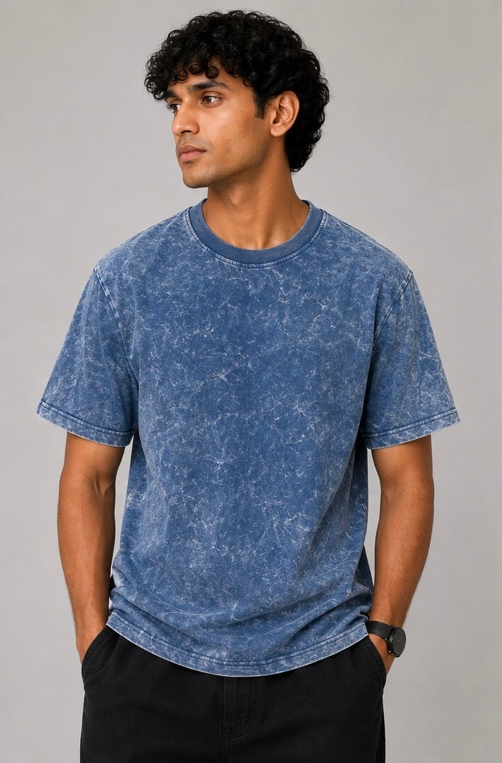 Denim Blue Acid Wash Oversized T-Shirt – 240 GSM Premium Cotton