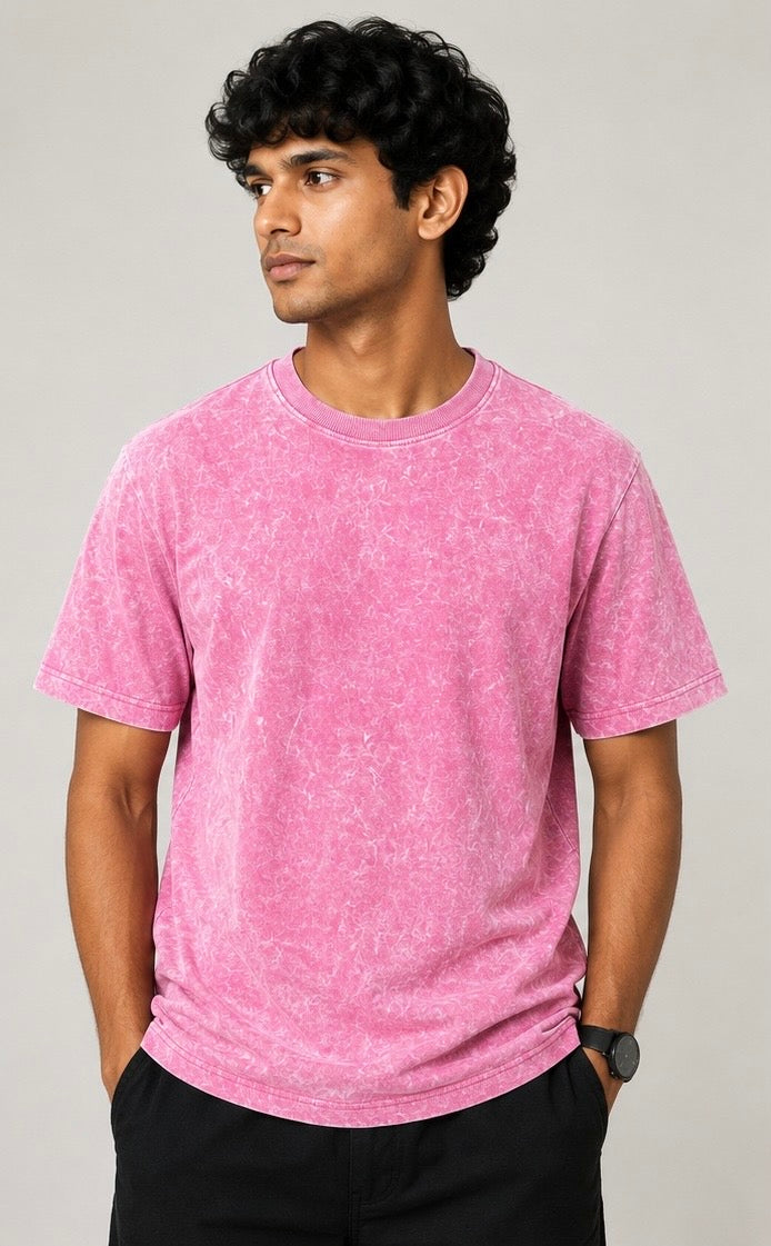 Candy Pink Acid Wash Oversized T-Shirt – 240 GSM Premium Cotton