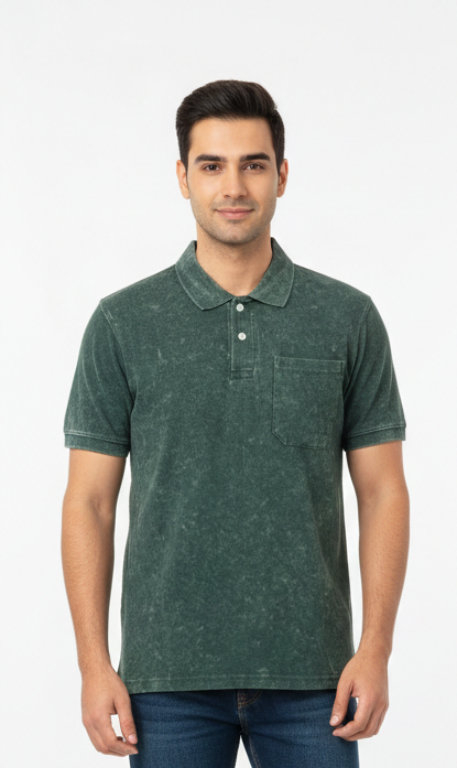 Avenster Classic Green Acid Wash Polo T-Shirt with Pocket