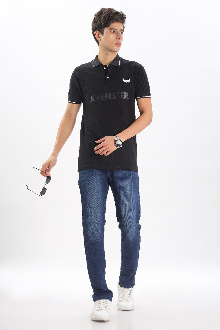 Avenster Men's Black Cotton Polo Shirt