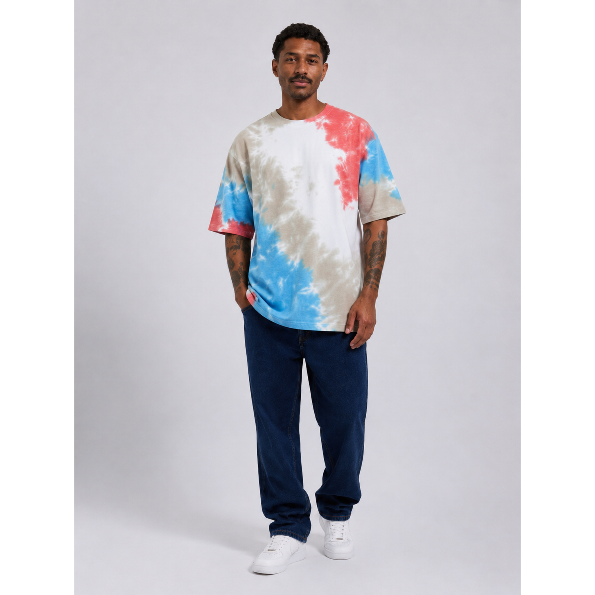 Avenster Minimal Sky Blue & Grey Tie-Dye Oversized T-Shirt