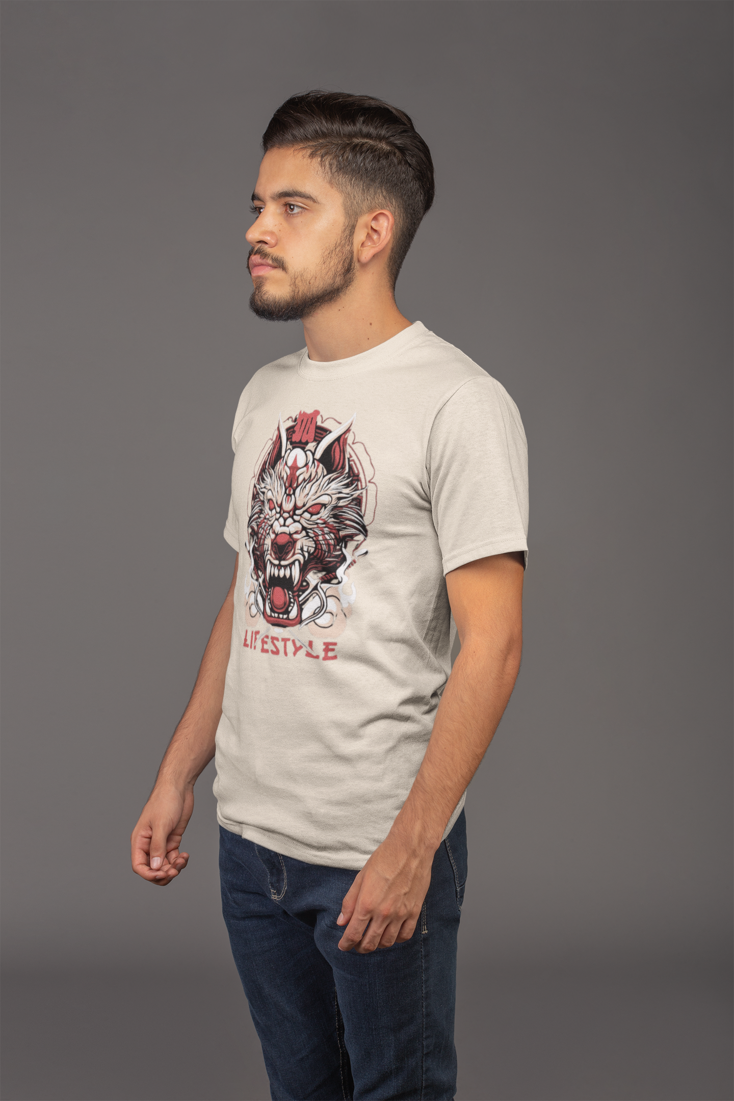 Avenster Beige T-shirt with Dragon Print